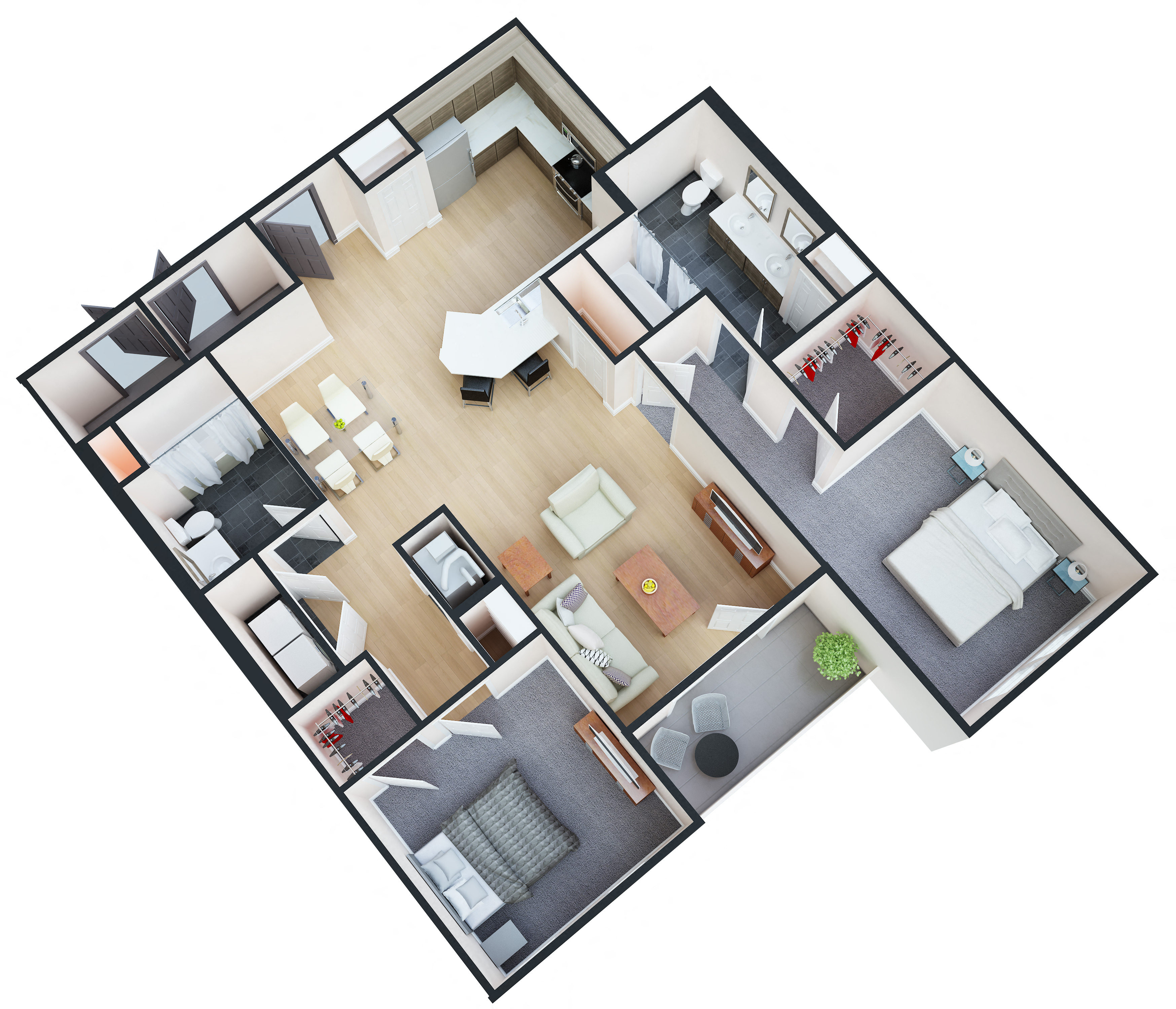 Floor plan for 2 beds, 2 baths, 1083 sqft